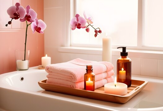 A background of towel bathroom white luxury concept massage candle bath with Bathroom matellic white wellness background towel relax aromatherapy flower and rose flower accessory zen therapy aroma bea