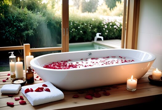 A background of towel bathroom white luxury concept massage candle bath with Bathroom matellic white wellness background towel relax aromatherapy flower and rose flower accessory zen therapy aroma bea