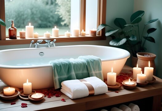 A background of towel bathroom white luxury concept massage candle bath with Bathroom matellic white wellness background towel relax aromatherapy flower and rose flower accessory zen therapy aroma bea