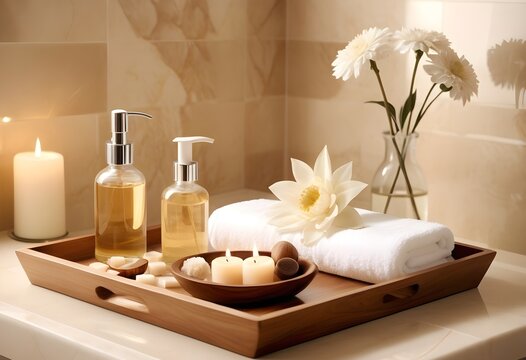 A background of towel bathroom white luxury concept massage candle bath with Bathroom matellic white wellness background towel relax aromatherapy flower and rose flower accessory zen therapy aroma bea