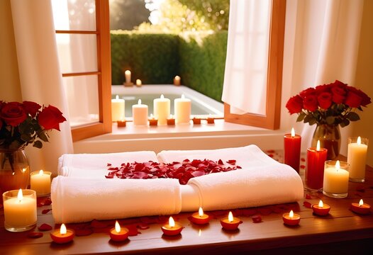 A background of towel bathroom white luxury concept massage candle bath with Bathroom matellic white wellness background towel relax aromatherapy flower and rose flower accessory zen therapy aroma bea