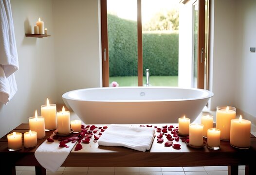 A background of towel bathroom white luxury concept massage candle bath with Bathroom matellic white wellness background towel relax aromatherapy flower and rose flower accessory zen therapy aroma bea