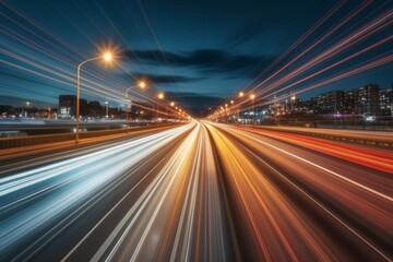 High speed urban traffic city highway at dawn, car headlights in motion blur light effect and long exposure