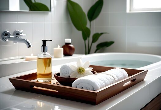 A background of towel bathroom white luxury concept massage candle bath with Bathroom matellic white wellness background towel relax aromatherapy flower and rose flower accessory zen therapy aroma bea
