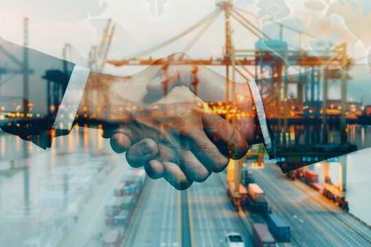 Business people shaking hands with a cargo ship and dock background, in a double exposure photography style Generative AI