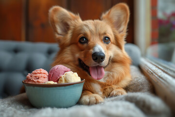 A happy, smiling corgi sits beside a bowl of colorful ice cream scoops, creating a light hearted and humorous scene. themes of memes, funny moments, humor, happiness, and joy.