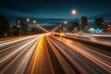 High speed urban traffic city highway at dawn, car headlights in motion blur light effect and long exposure