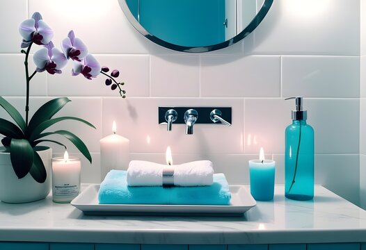 A background of towel bathroom white luxury concept massage candle bath with Bathroom matellic white wellness background towel relax aromatherapy flower and rose flower accessory zen therapy aroma bea