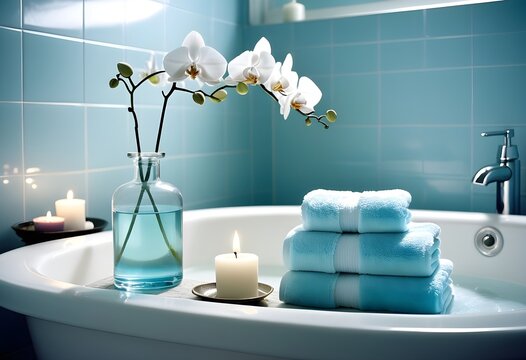 A background of towel bathroom white luxury concept massage candle bath with Bathroom matellic white wellness background towel relax aromatherapy flower and rose flower accessory zen therapy aroma bea
