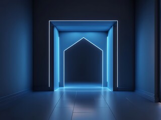  3d render, abstract blue geometric background design. Bright light goes through the door portal inside the empty dark room design. 