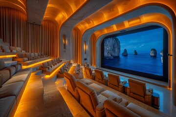 Spectacular mansion home theater designed for the ultimate cinematic experience, with tiered seating, plush recliners, and a state-of-the-art sound system.