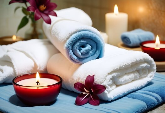 A background of towel bathroom white luxury concept massage candle bath with Bathroom matellic white wellness background towel relax aromatherapy flower and rose flower accessory zen therapy aroma bea