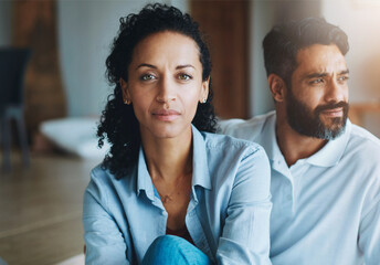 Portrait, woman and partner relax at house in living room for break, bonding and love with care...