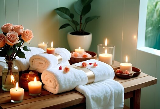 A background of towel bathroom white luxury concept massage candle bath with Bathroom matellic white wellness background towel relax aromatherapy flower and rose flower accessory zen therapy aroma bea