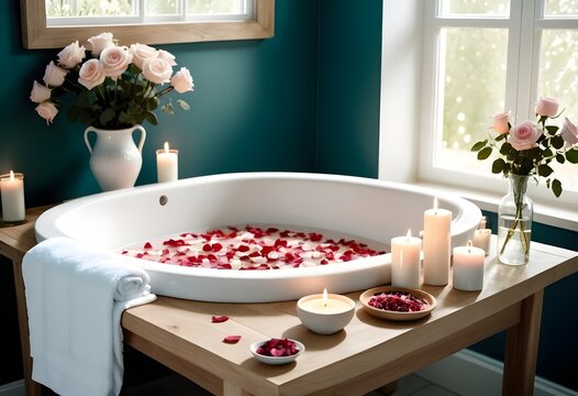A background of towel bathroom white luxury concept massage candle bath with Bathroom matellic white wellness background towel relax aromatherapy flower and rose flower accessory zen therapy aroma bea