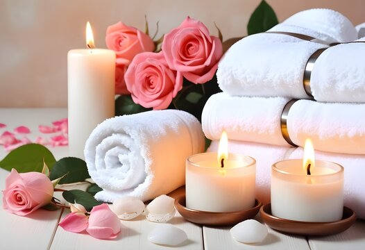 A background of towel bathroom white luxury concept massage candle bath with Bathroom matellic white wellness background towel relax aromatherapy flower and rose flower accessory zen therapy aroma bea