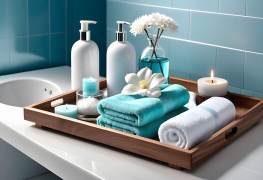 A background of towel bathroom white luxury concept massage candle bath with Bathroom matellic white wellness background towel relax aromatherapy flower and rose flower accessory zen therapy aroma bea