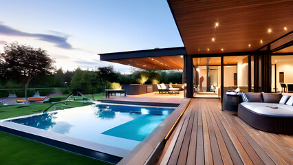 Fototapeta premium Backyard Oasis - Modern Wooden Terrace with Pool & Outdoor Furniture