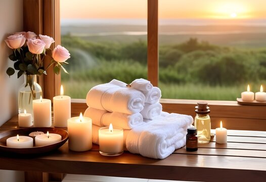 A background of towel bathroom white luxury concept massage candle bath with Bathroom matellic white wellness background towel relax aromatherapy flower and rose flower accessory zen therapy aroma bea