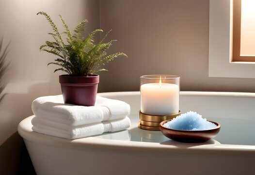 A background of towel bathroom white luxury concept massage candle bath with Bathroom matellic white wellness background towel relax aromatherapy flower and rose flower accessory zen therapy aroma bea