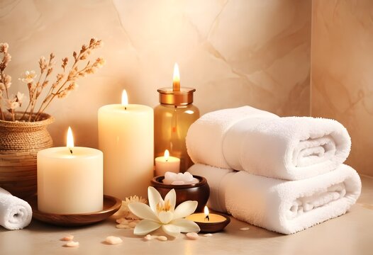 A background of towel bathroom white luxury concept massage candle bath with Bathroom matellic white wellness background towel relax aromatherapy flower and rose flower accessory zen therapy aroma bea