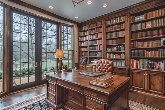Traditional Colonial home office with a rich wooden executive desk, leather chair, and built-in bookshelves housing an extensive collection of books. - Powered by Adobe