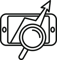 Line art illustration of a smartphone with a magnifying glass and an upward arrow, symbolizing growth in mobile analytics