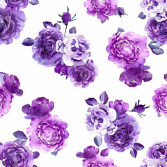 purple roses and peonies pattern, white background, simple design,