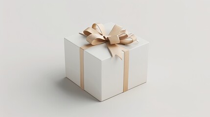Obraz premium White gift box with beige ribbon, product photography on a white background with soft shadows and clear sharp focus in a minimalist style.