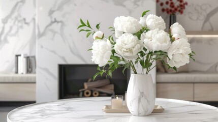 White peonies in a clear vase on a coffee table tray, white marble floors, a bright and airy living room in neutral tones, aesthetic decor, white walls, a fireplace.