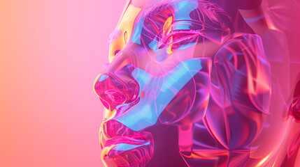 Glowing and holographic human face with pink and purple hues. Futuristic and Abstract digital art