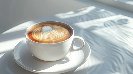 Cup of coffee with latte art on a white table, top view, for product photography, high quality retouching, for a magazine or commercial advertising shoot with super detailed latte art.