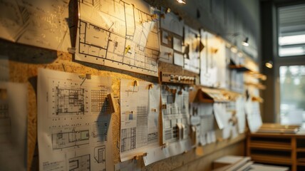 Obraz premium wall full of architectural blueprints and design plans showcases the intricate details of building layouts.