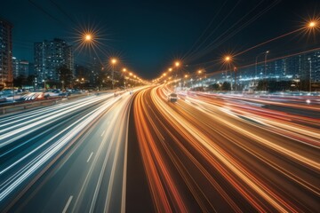 Obraz premium High speed urban traffic city highway at dawn, car headlights in motion blur light effect and long exposure