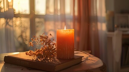 An amber candle in a glass jar, standing on a table next to dried flowers and a book, in a room filled with warm light from the window, creating a cozy atmosphere.