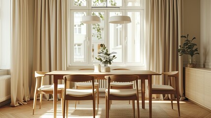 Modern dining room with wooden chairs and table, beige curtains on the window, white ceiling lamp, light brown walls, minimalist style.