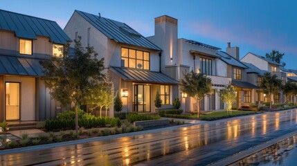 A row of modern townhouses with low roofs, a light gray color scheme and metallic accents. The houses have large windows and the front facades feature small gardens and street lights.