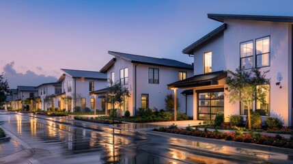 A row of modern townhouses with low roofs, a light gray color scheme and metallic accents. The houses have large windows and the front facades feature small gardens and street lights.