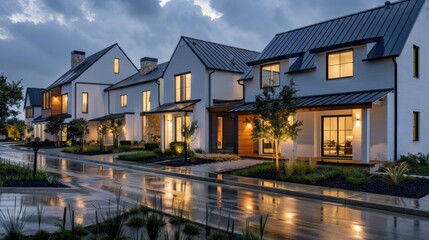 Naklejka premium A row of modern townhouses with low roofs, a light gray color scheme and metallic accents. The houses have large windows and the front facades feature small gardens and street lights.