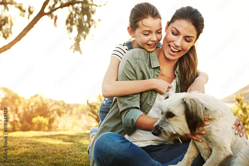 Sticker park, mother and girl with dog, kid and sunshine with weekend break, happiness and summer. countrysi