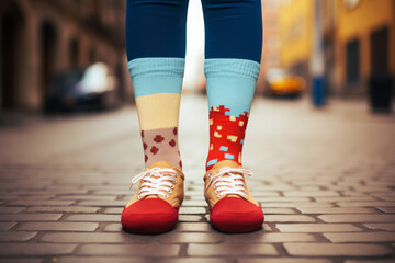Kid legs with different pair of socks and red sneakers standing in the street outdoors. Child foots in mismatched socks. Odd Socks day, Anti-Bullying Week, Down syndrome awareness concept