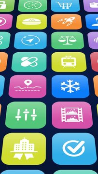 App 3d - Monitor with apps icons set - Set of applications symbols on mobile device screen