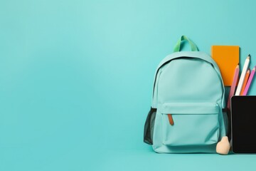 school stationery and backpack on light blue background with copy space. back to school concept - Powered by Adobe