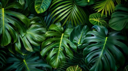 Green tropical leaves Monstera and palm tree leafs in lush jungle nature background