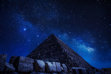 Mysterious Pyramid at Night Against Starry Sky