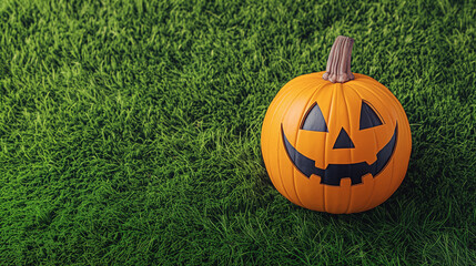 Obraz premium Jack lantern on vibrant green grass. Halloween theme with contrasting colors and playful mood