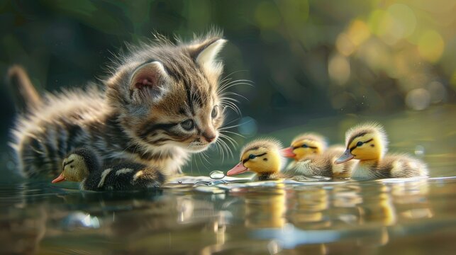Cute fluffy kitten playing with ducklings in the water, in style, natural light, beautiful scene,