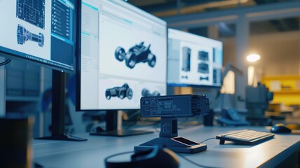 A 3D model of a car on a computer screen in a tech lab highlights advanced automotive design