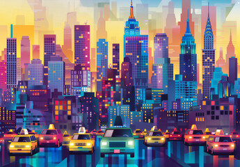 Colorful vector illustration of a busy city skyline