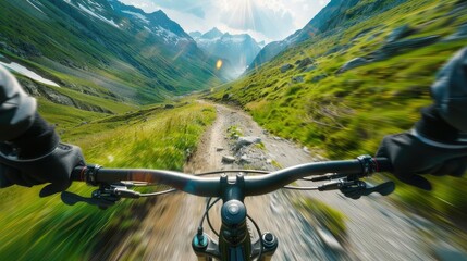 Beautiful first person view of mountain biking through a green valley in the mountains, realistic photo shoot with a professional camera in bright daylight in mountain biking style.